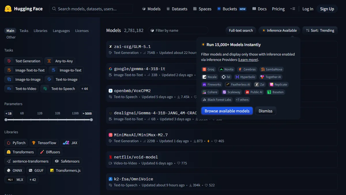 Hugging Face's Model Zoo provides a plethora of chatbot options